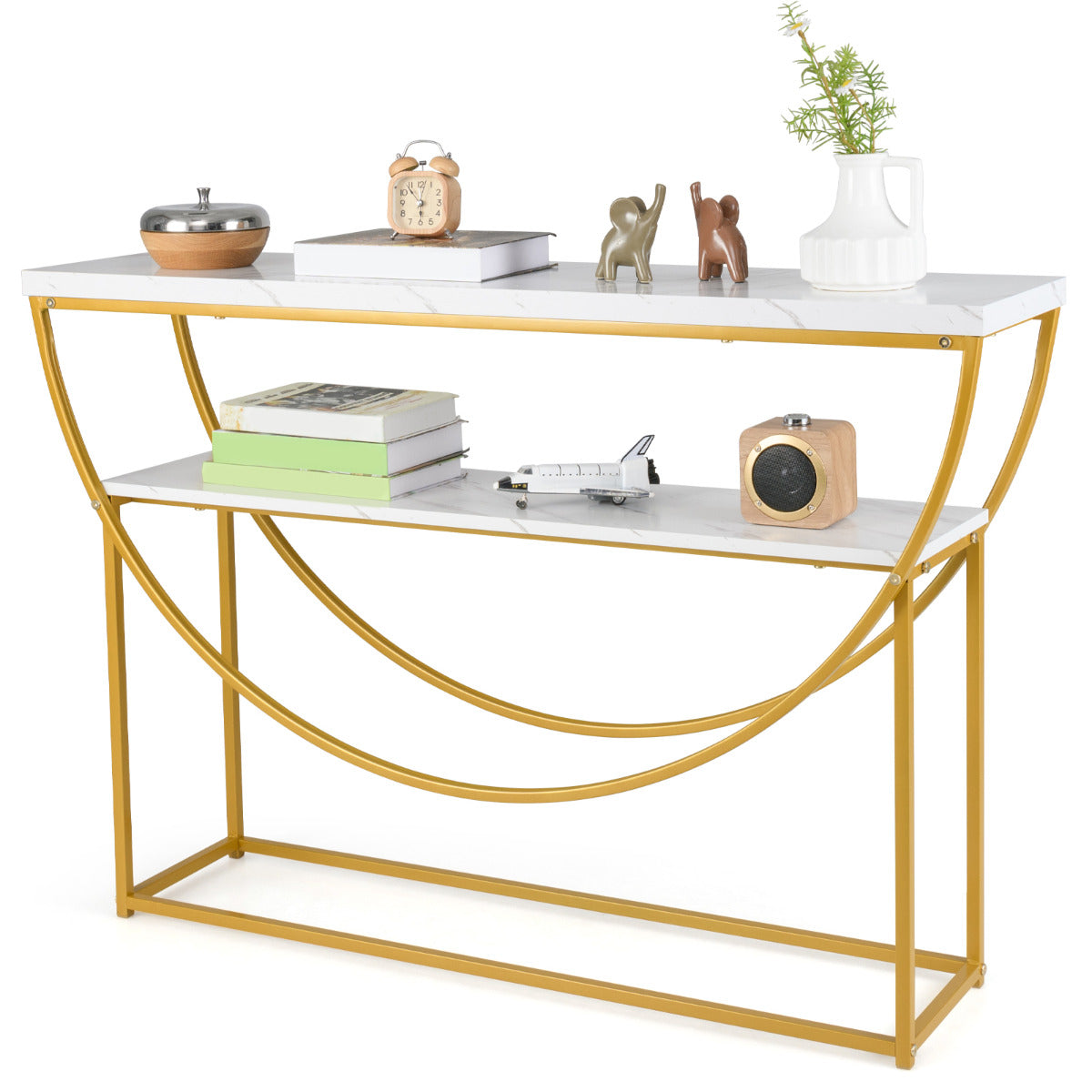 2-Tier Faux Marble Top Console Table with Storage Shelf-White & Golden