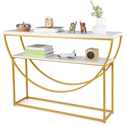 2-Tier Faux Marble Top Console Table with Storage Shelf-White & Golden