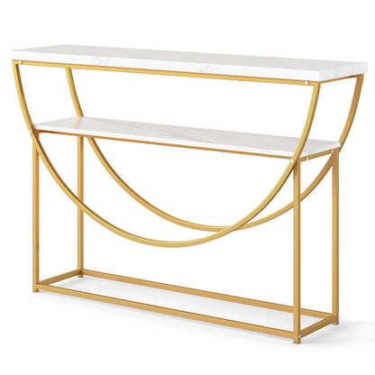2-Tier Faux Marble Top Console Table with Storage Shelf-White & Golden