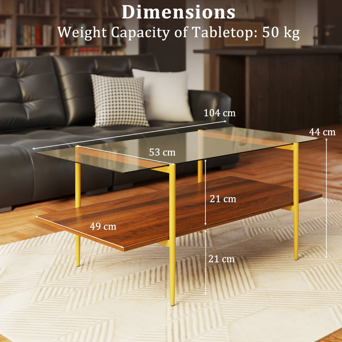2-Tier Glass Coffee Table with Tampered Glass Tabletop & Open Storage Shelf-Brown