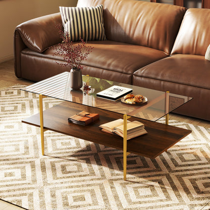 2-Tier Glass Coffee Table with Tampered Glass Tabletop & Open Storage Shelf-Brown
