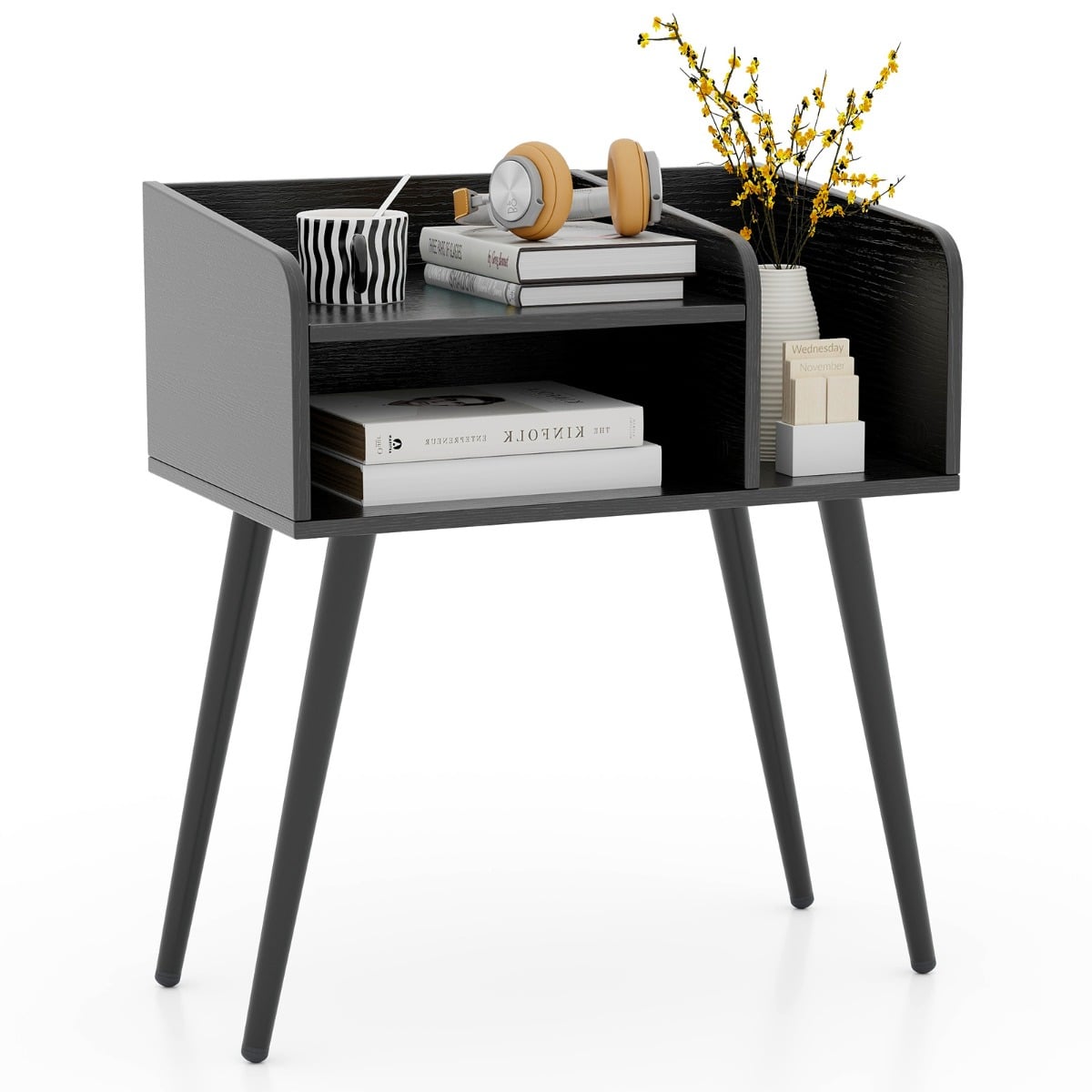 2-Tier Mid Century Modern Nightstand with Open Shelves-Black