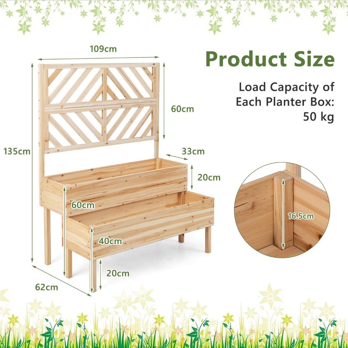 2-Tier Raised Garden Bed with Trellis and Drainage Hole-Natural