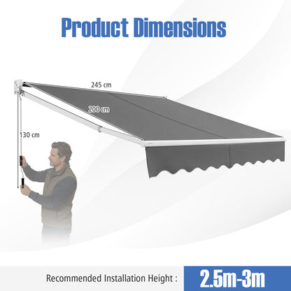 200 x 245cm Manual Retractable Awning with Adjustable Angle-Grey