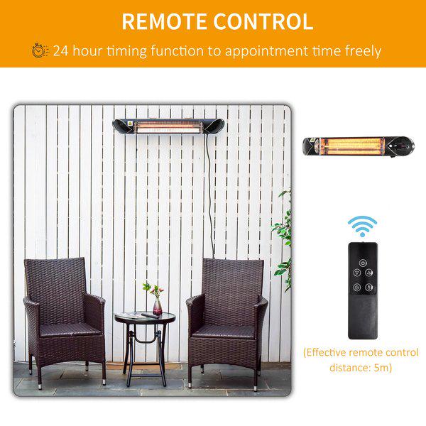 Outsunny 2000W Electric Infrared Patio Heater Wall Mounted Carbon Fibre Heater with Remote Control, 4 Heat Settings, 24-Hour Timer for Indoor Outdoor, Black