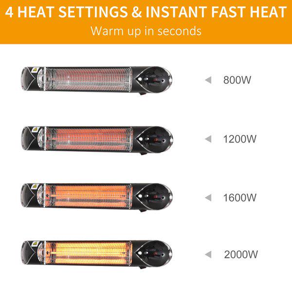 Outsunny 2000W Electric Infrared Patio Heater Wall Mounted Carbon Fibre Heater with Remote Control, 4 Heat Settings, 24-Hour Timer for Indoor Outdoor, Black