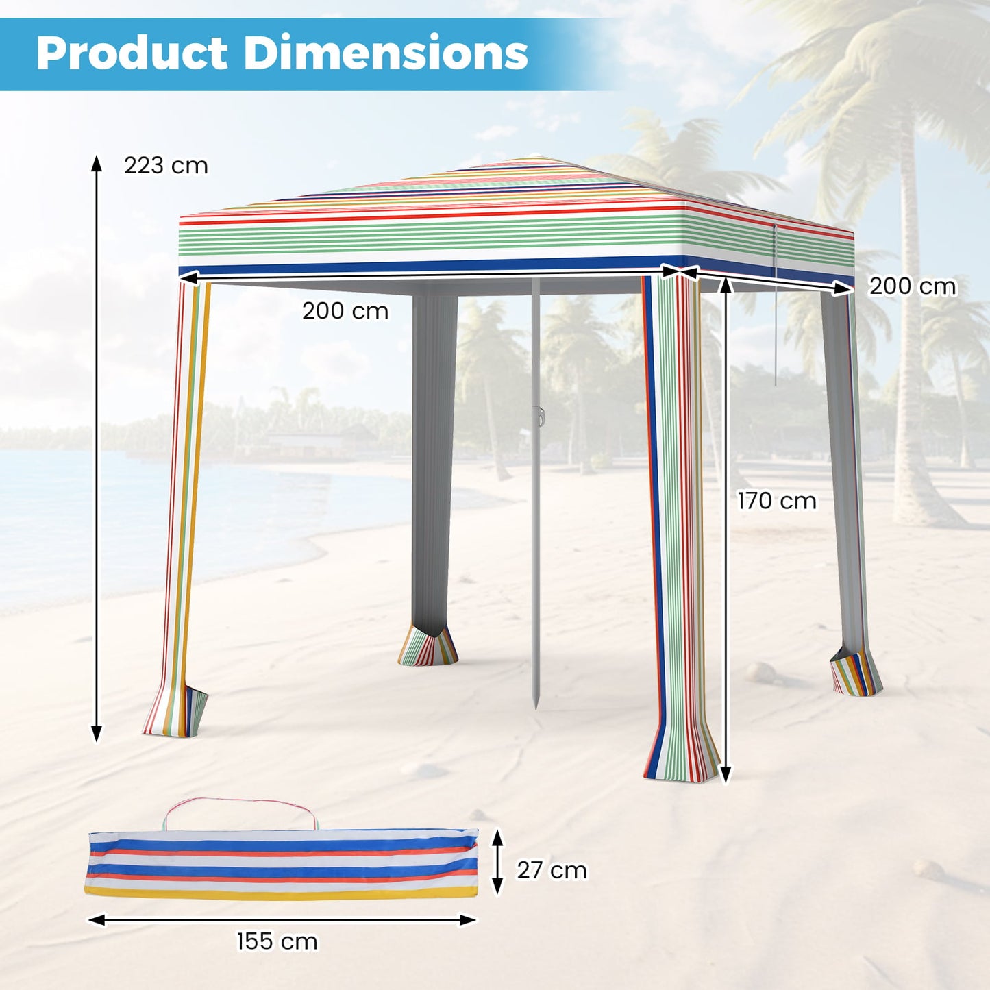 200 x 200 cm Beach Canopy Foldable Sun Shelter with Sandbags-Colourful