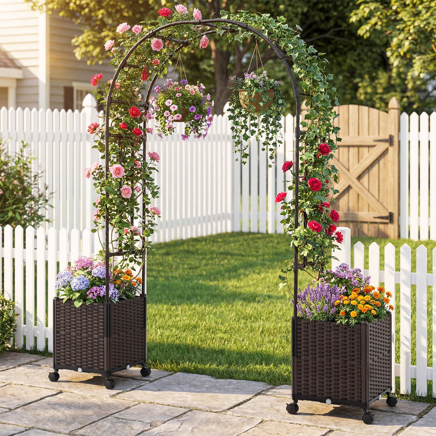 200cm Garden Arch Trellis with 2 Planter Boxes for Climbing Plants