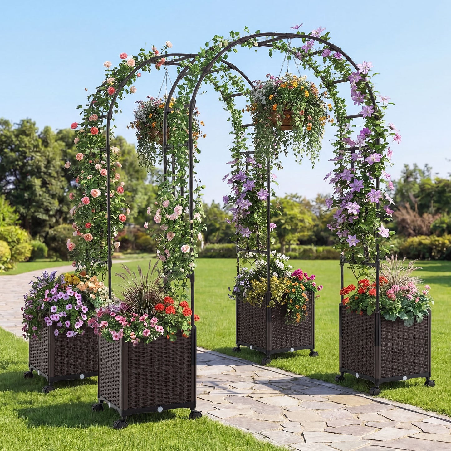 200cm Garden Arch Trellis with 2 Planter Boxes for Climbing Plants