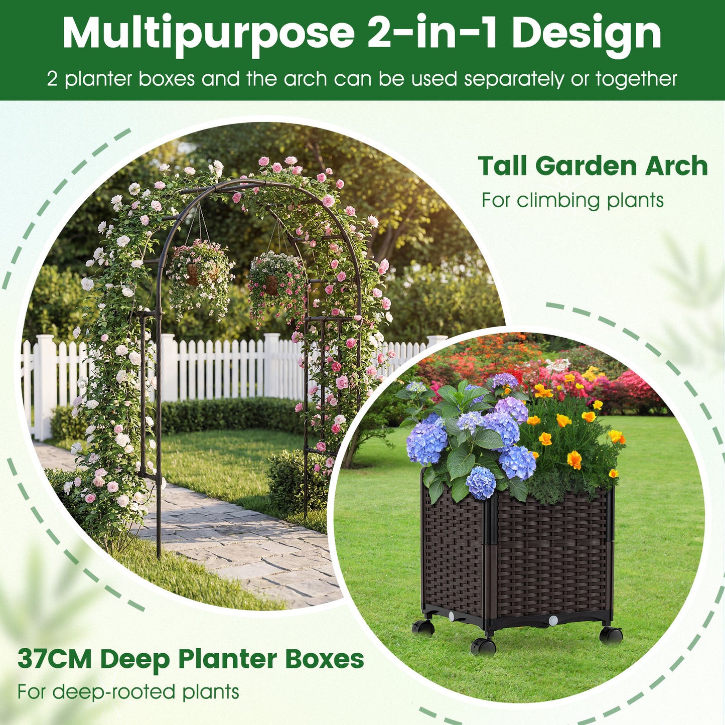 200cm Garden Arch Trellis with 2 Planter Boxes for Climbing Plants