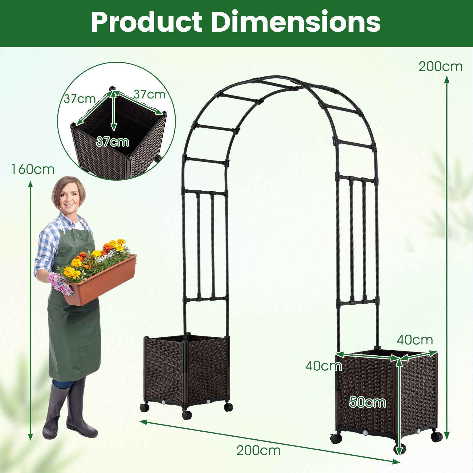200cm Garden Arch Trellis with 2 Planter Boxes for Climbing Plants