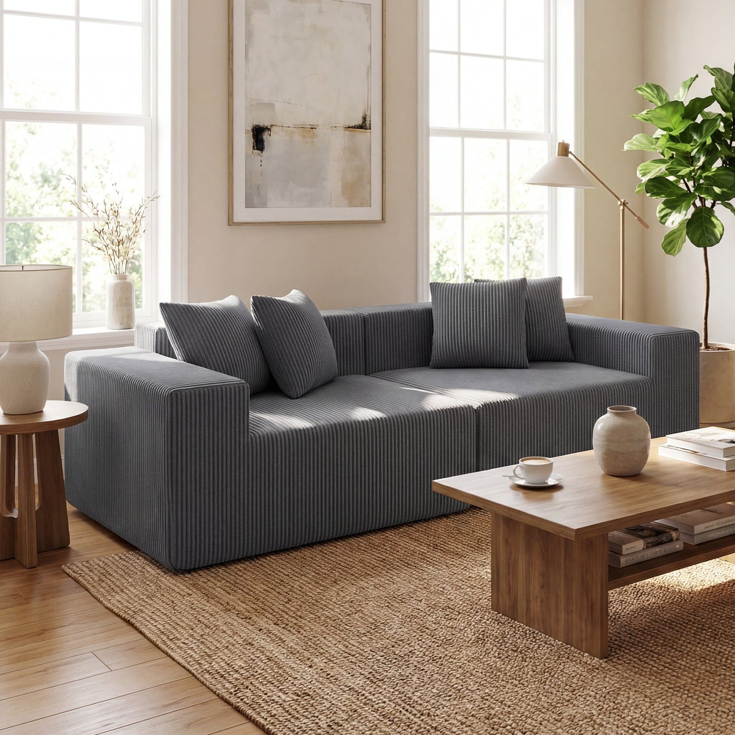 204 cm Boneless Sofa Couch Corduroy Upholstered Loveseat with Deep Seat and Backrest-Grey