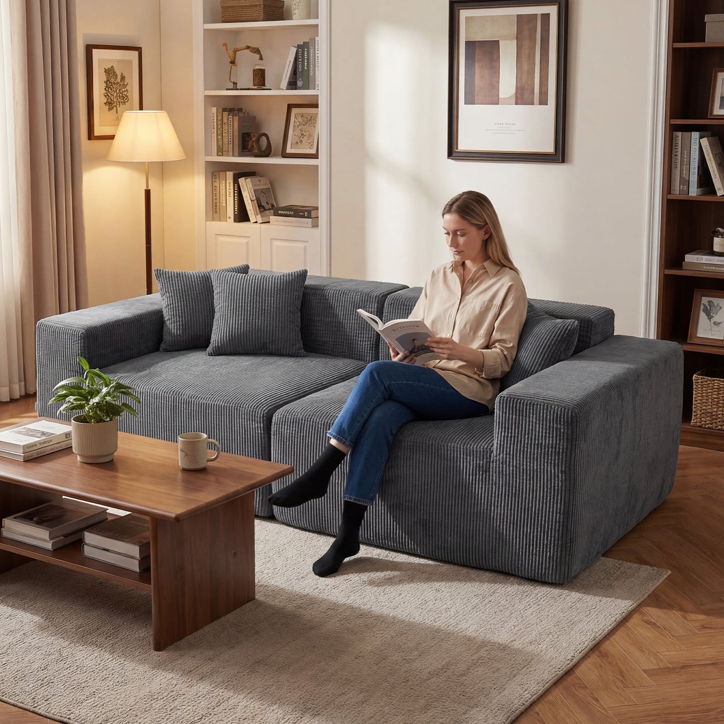 204 cm Boneless Sofa Couch Corduroy Upholstered Loveseat with Deep Seat and Backrest-Grey