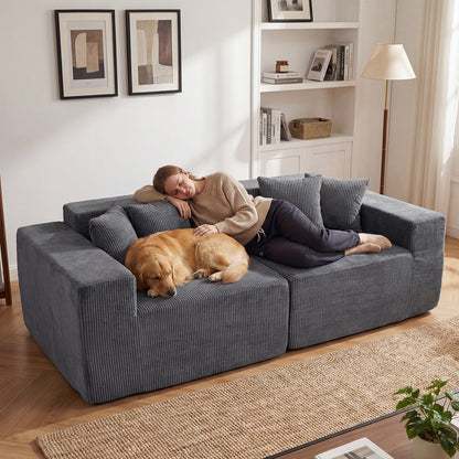 204 cm Boneless Sofa Couch Corduroy Upholstered Loveseat with Deep Seat and Backrest-Grey
