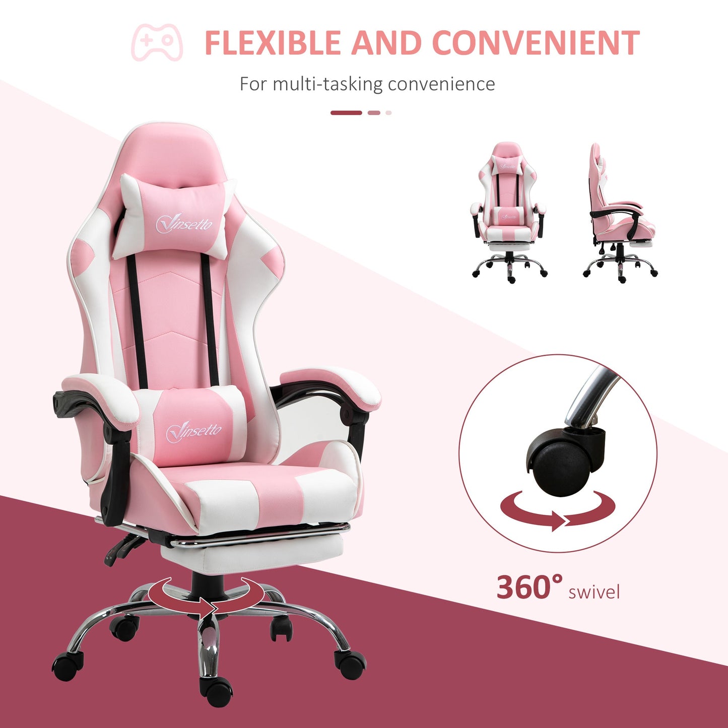 Vinsetto Racing Gaming Chair with Lumbar Support, Head Pillow, Swivel Wheels, High Back Recliner Gamer Desk Chair for Home Office, Pink