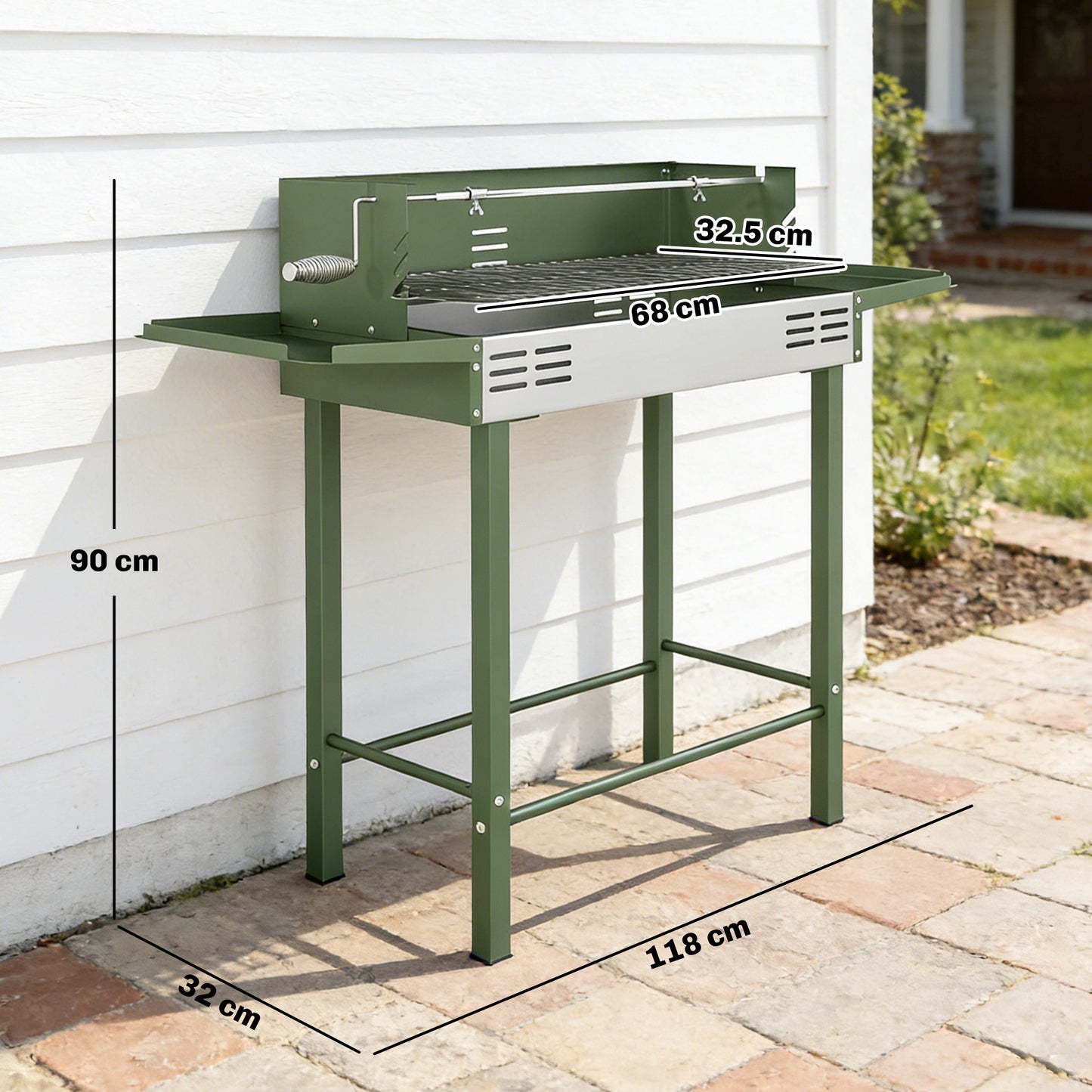 Outsunny BBQ Rotisserie Grill Roaster Charcoal Spit Roasting Machine for Chicken Turkey with 3-Level Grill Grate, Side Shelves, Dark Green