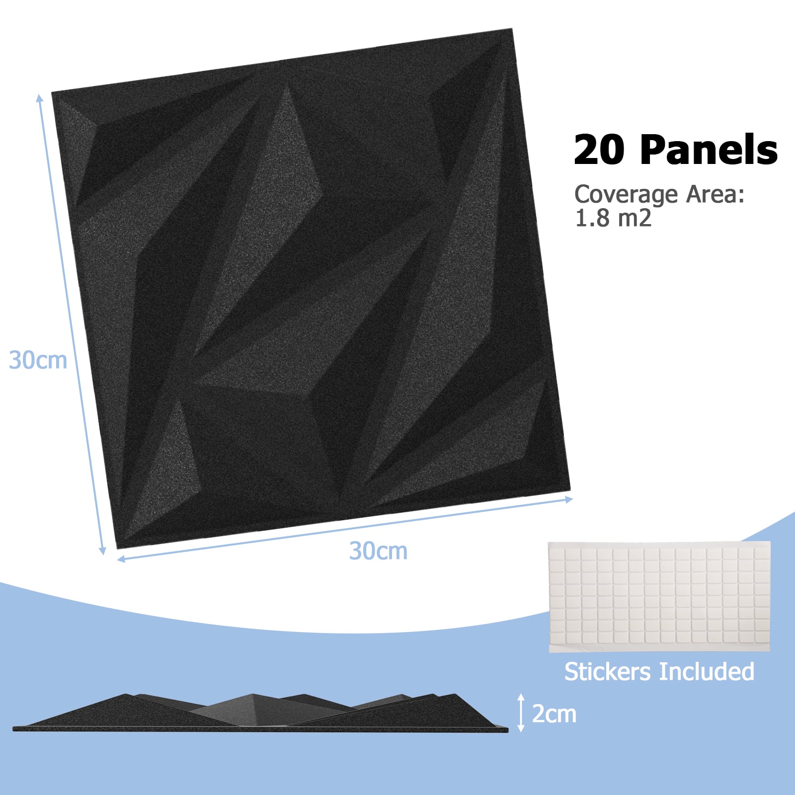 20-Pack 3D Acoustic Wall Panels  with Diamond Texture-Black