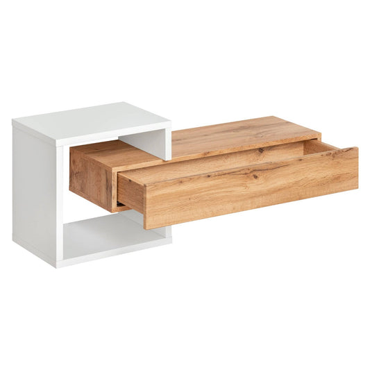 White and wooden side table with a drawer on a white background