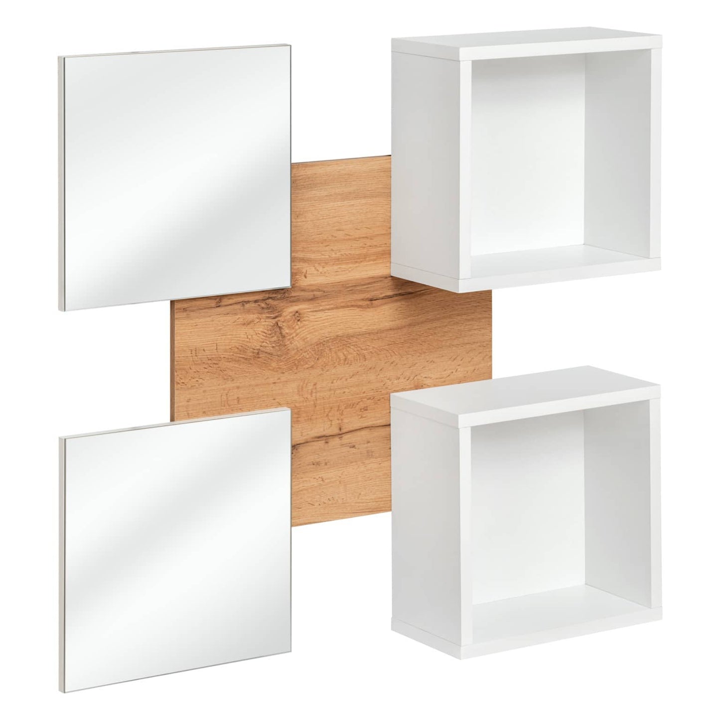 Wall-mounted shelving unit with white shelves and a wooden panel on a white background