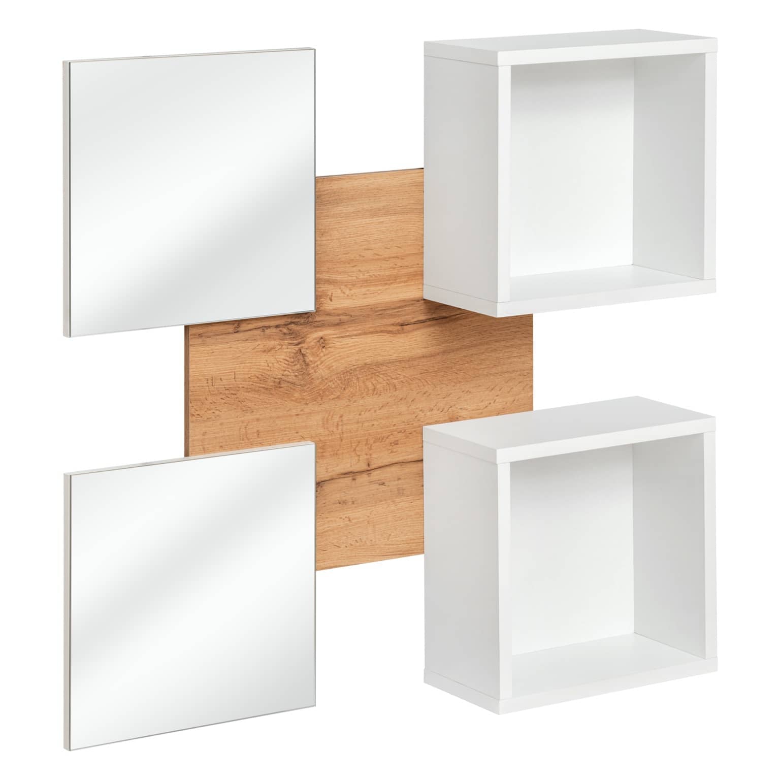 Wall-mounted shelving unit with white shelves and a wooden panel on a white background