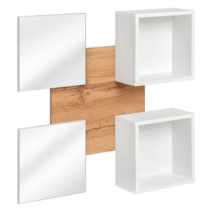 Wall-mounted shelving unit with white shelves and a wooden panel on a white background