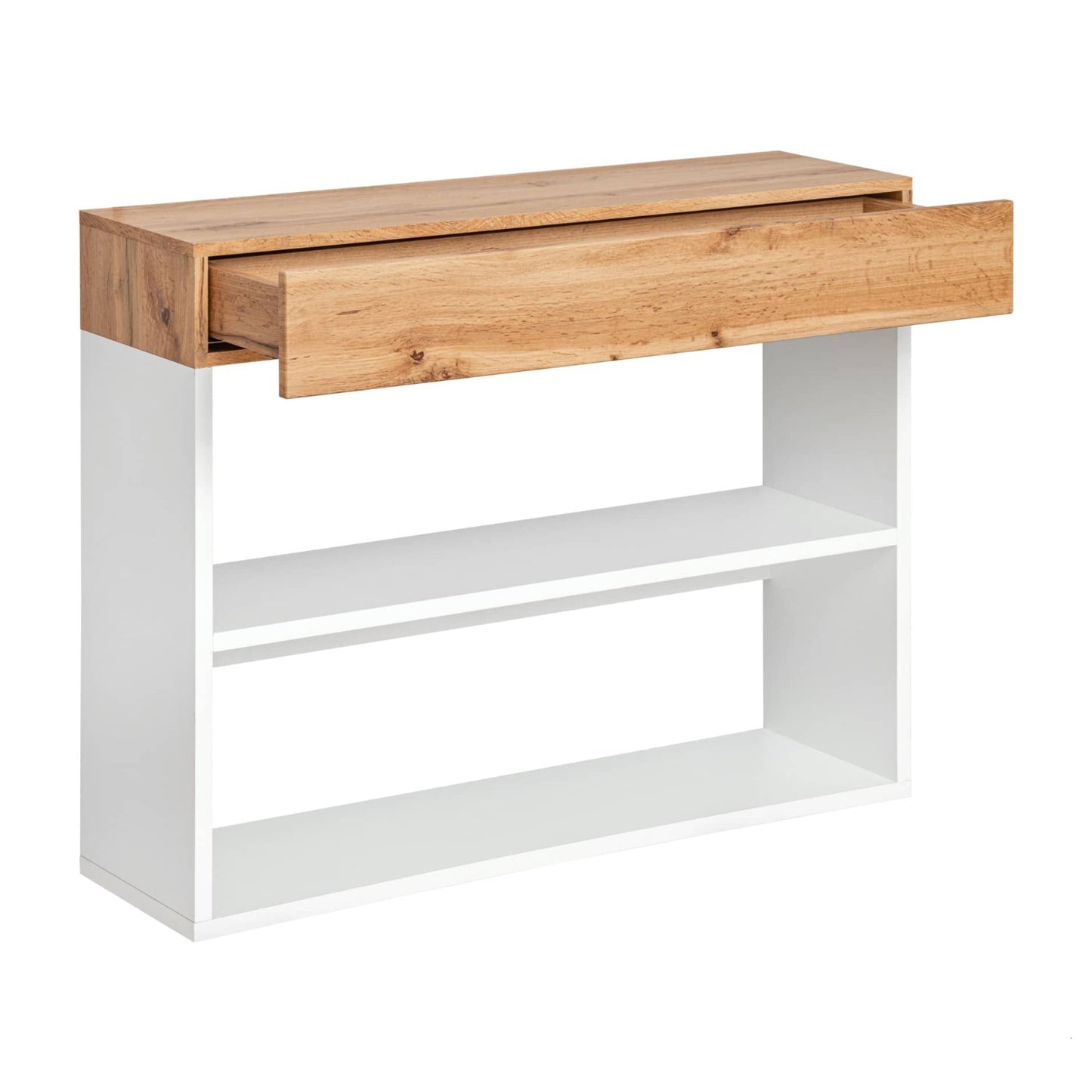 Console table with wooden top and white base on a white background