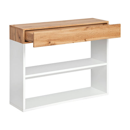 Console table with wooden top and white base on a white background