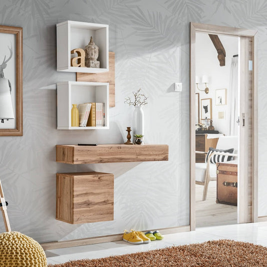 Modern wall-mounted wooden shelves and console table in a room with decorative elements.