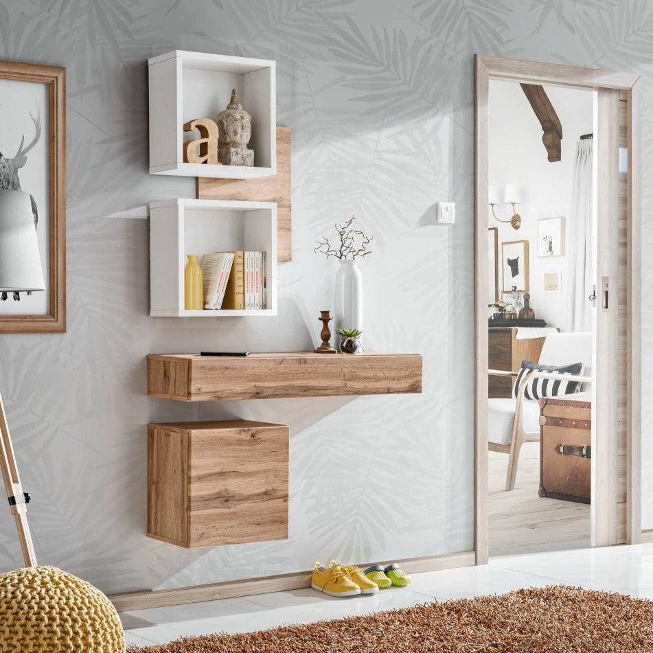 Modern wall-mounted wooden shelves and console table in a room with decorative elements.