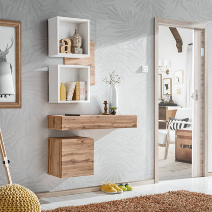 Modern wall-mounted wooden shelves and console table in a room with decorative elements.