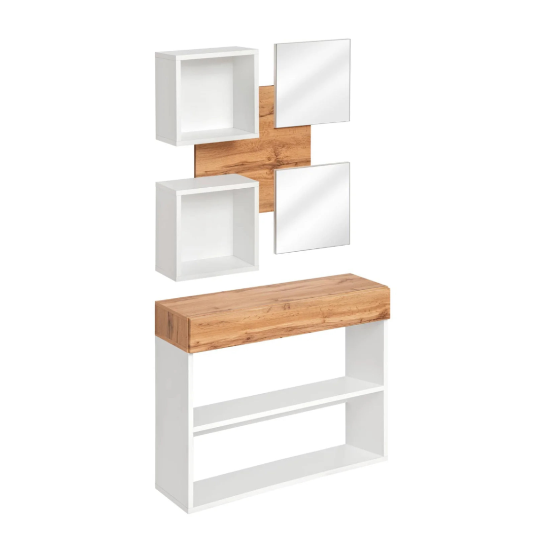 White wall unit with wooden top and shelves on a white background