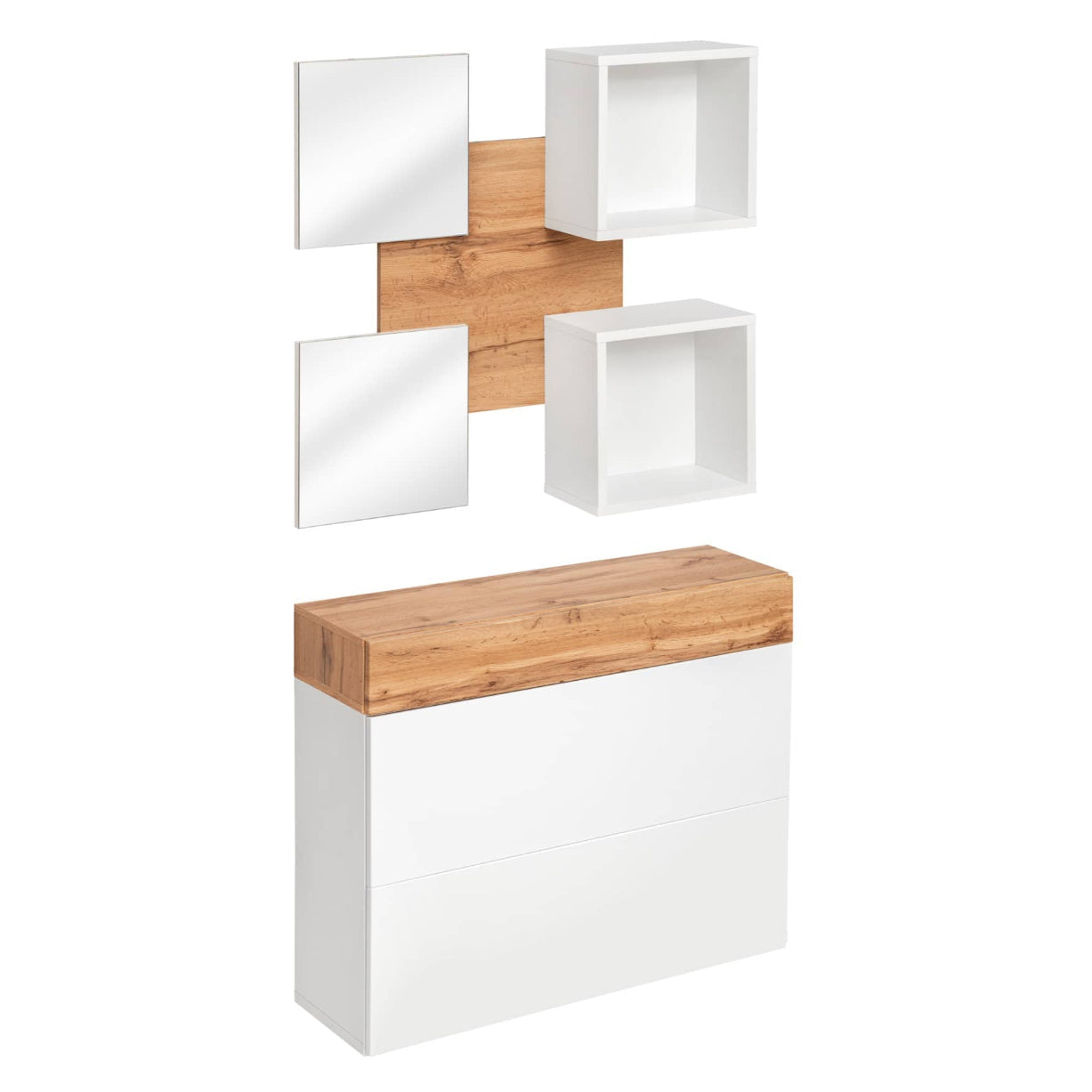 Set of wall-mounted shelves with wooden accents on a white background