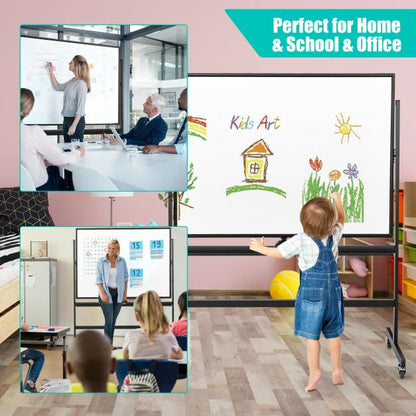 mobile magnetic large reversible whiteboard 360° rotatable 90 x 120 cm black + white