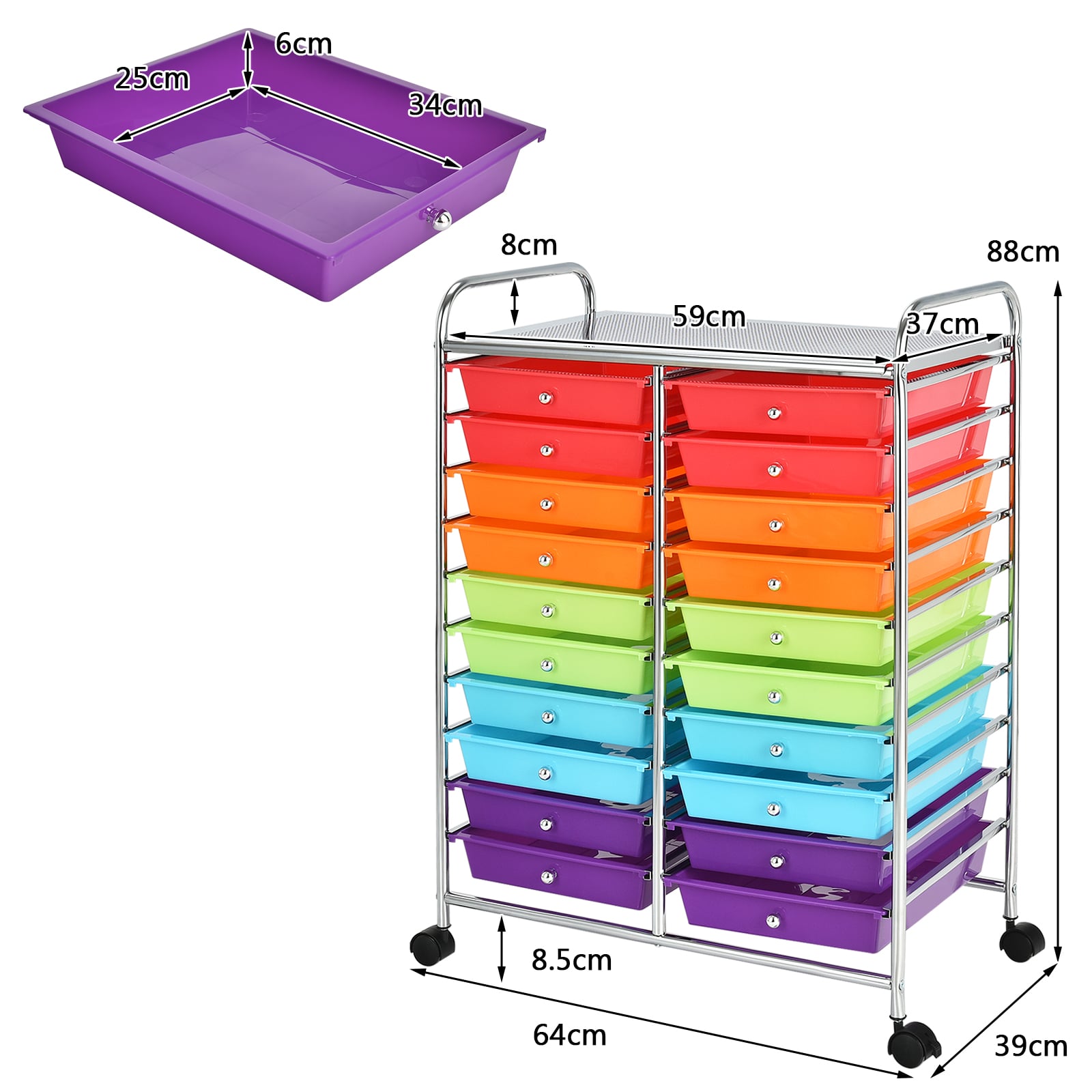 20 Drawers Storage Trolley with 4 Wheels for Beauty Salon-Rainbow