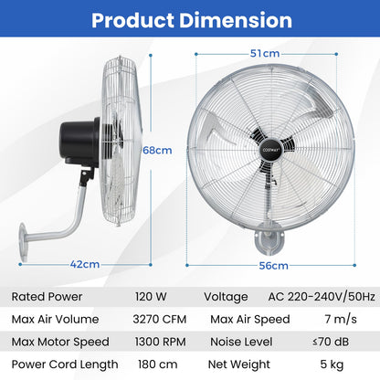 20 Inch Heavy Duty Metal Wall Mount Fan with 3 Fan Speeds-Silver