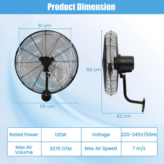 20 Inch Heavy Duty Metal Wall Mount Fan with 3 Fan Speeds-Black