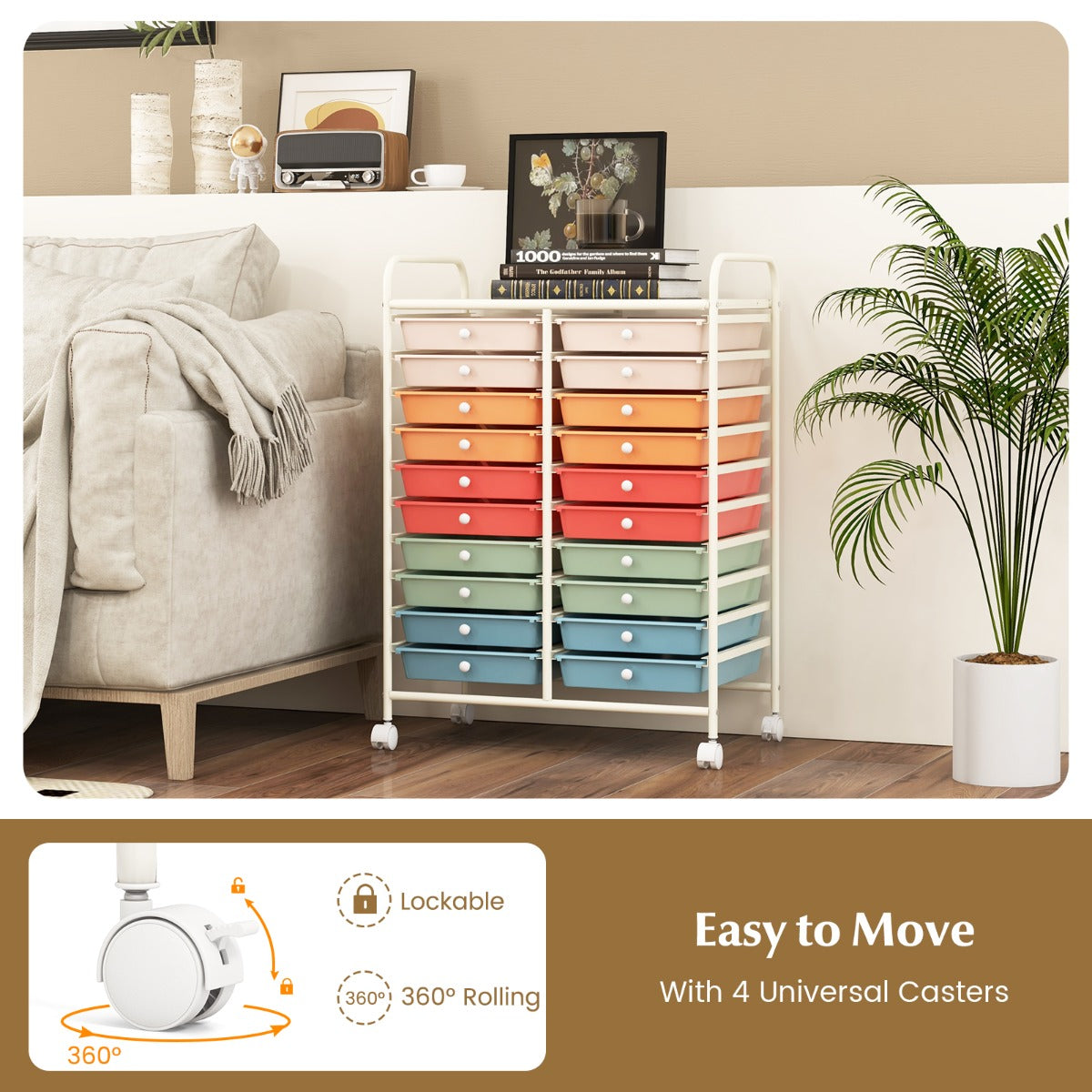 20 Drawers Rolling Storage Cart Studio Organizer-Deep Multicolor