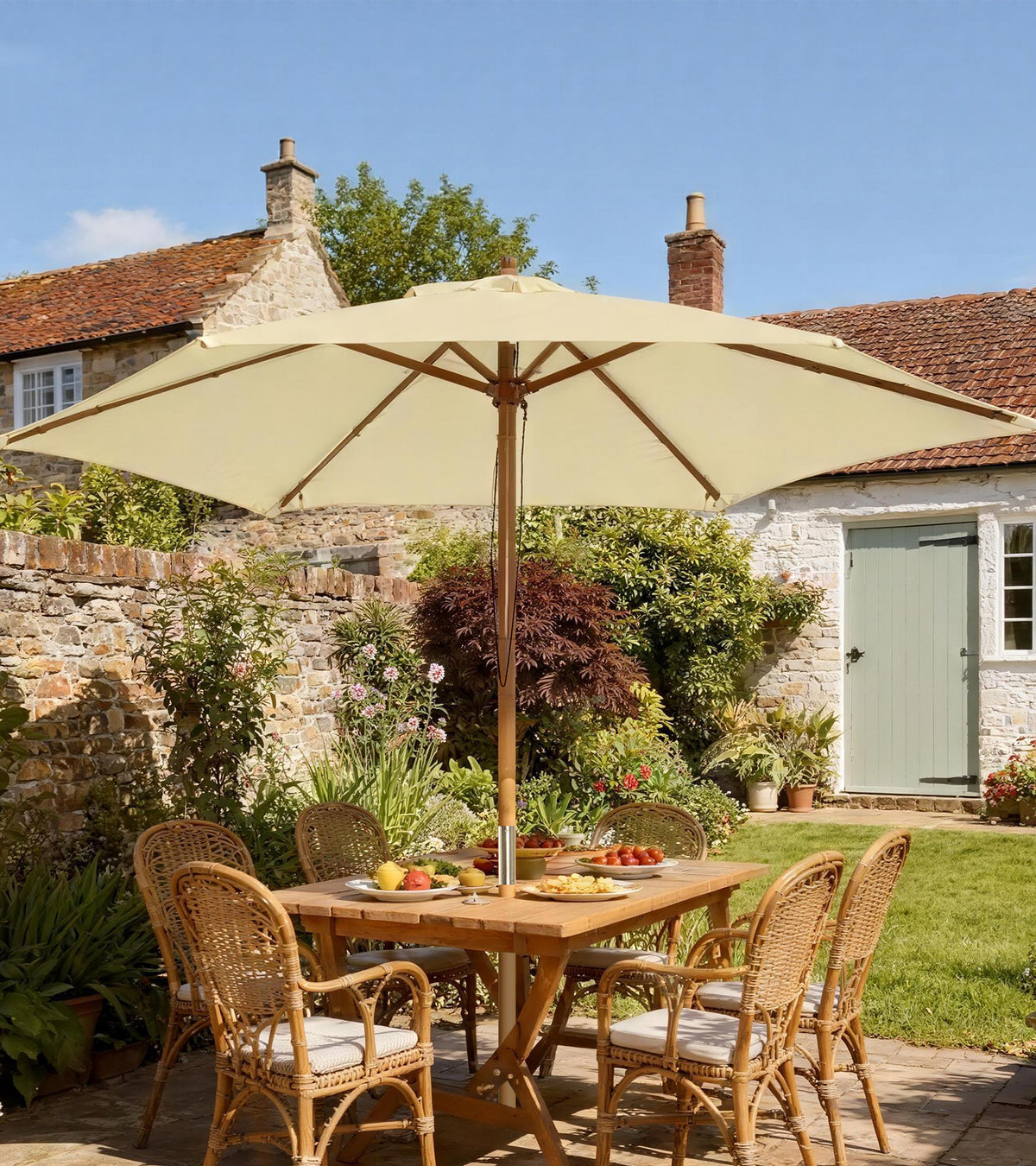 Outsunny 2.5m Wood Garden Parasol Sun Shade Patio Outdoor Wooden Umbrella Canopy, Table Market Umbrella with Vent, 38mm Pole, Rope Pulley Mechanism, Cream White