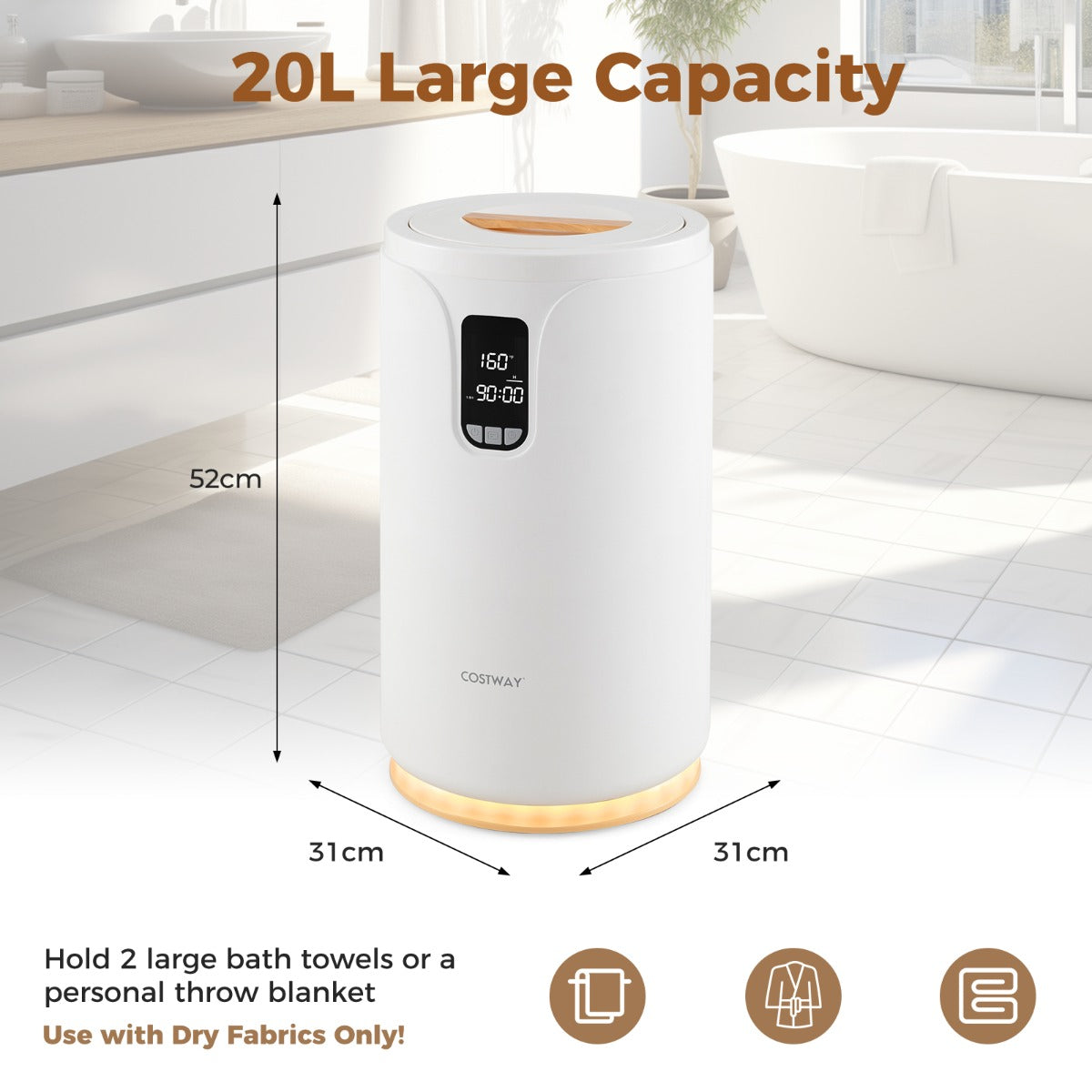 20L Hot Towel Bucket Towel Warmer with 30/60/90 Min Heating Time-White