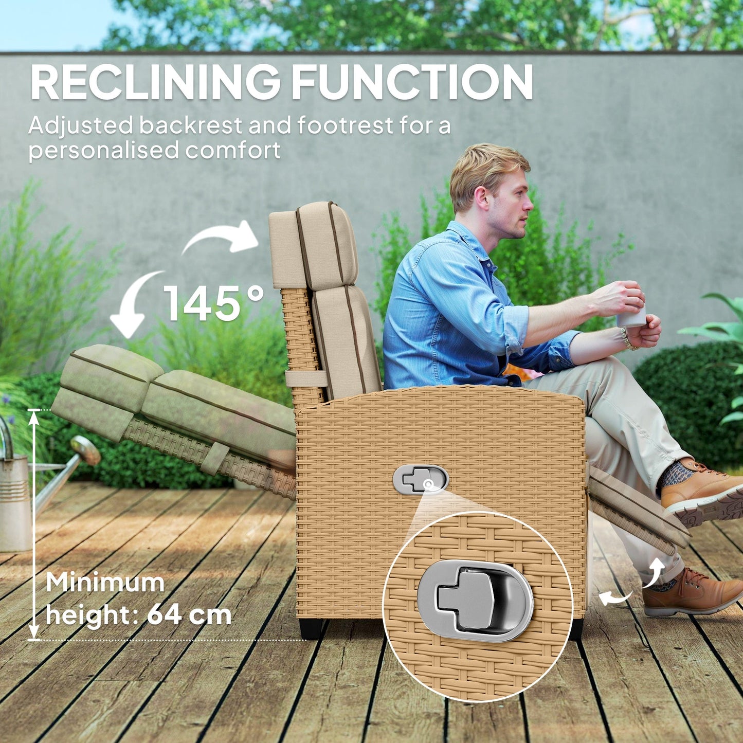 Outsunny 145 Reclining Rattan Armchair, with Footrest - Khaki/Beige