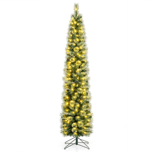 210 cm Pre-lit Pencil Christmas Tree with 120/150 Warm White LED Lights and 8 Modes