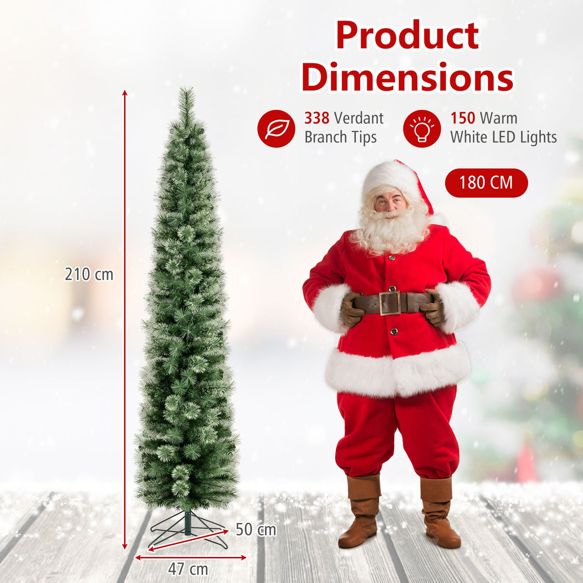 210 cm Pre-lit Pencil Christmas Tree with 120/150 Warm White LED Lights and 8 Modes