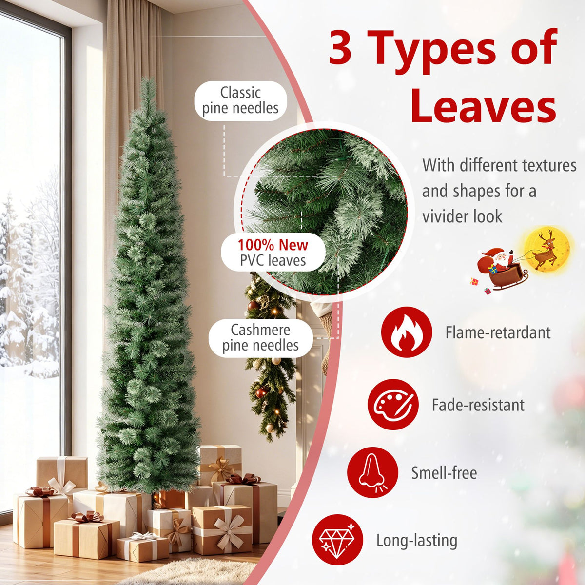 210 cm Pre-lit Pencil Christmas Tree with 120/150 Warm White LED Lights and 8 Modes