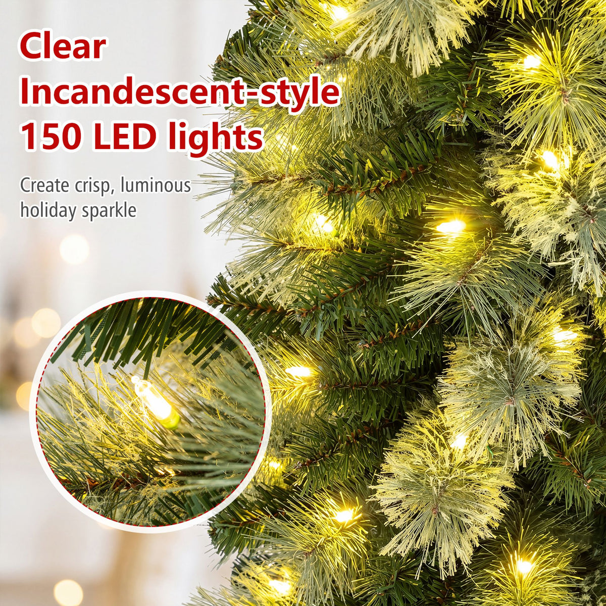 210 cm Pre-lit Pencil Christmas Tree with 120/150 Warm White LED Lights and 8 Modes