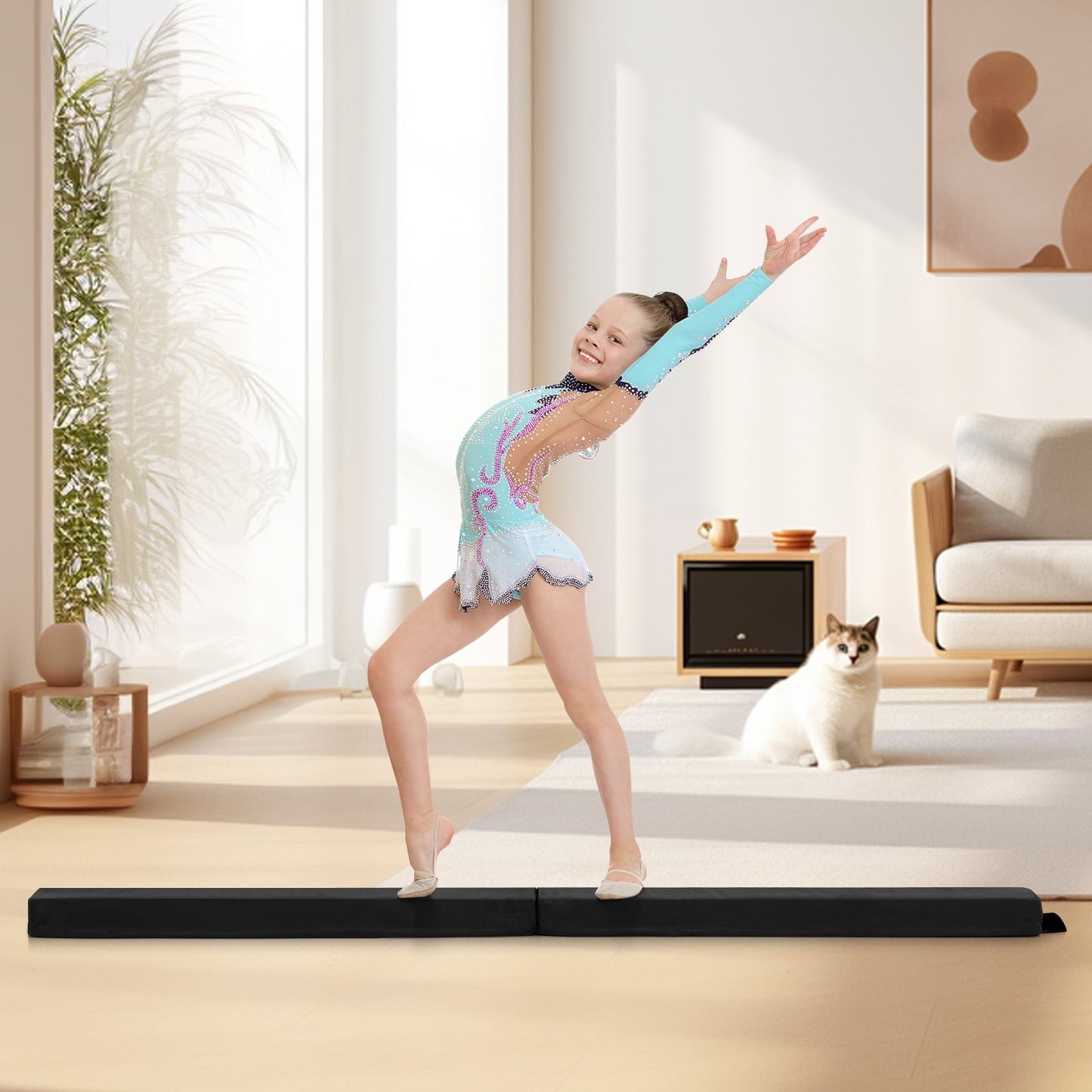 210 CM Folding Balance Beam with Removable Suede Cover and Non-slip Bottom for Kids-Black