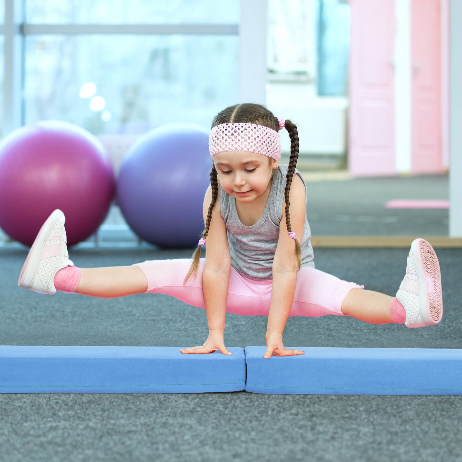 210 CM Folding Balance Beam with Removable Suede Cover and Non-slip Bottom for Kids-Navy