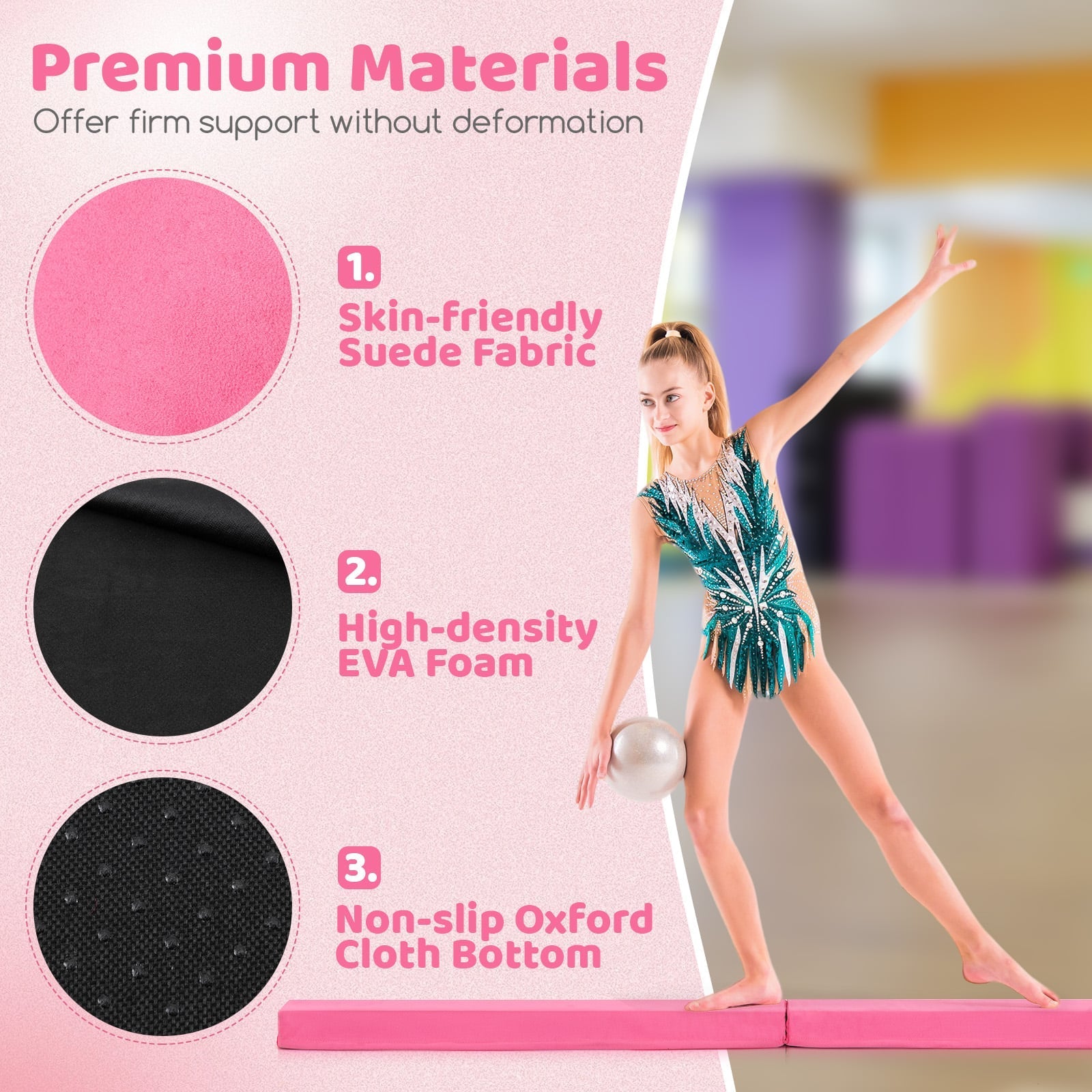210 CM Folding Balance Beam with Removable Suede Cover and Non-slip Bottom for Kids-Rose