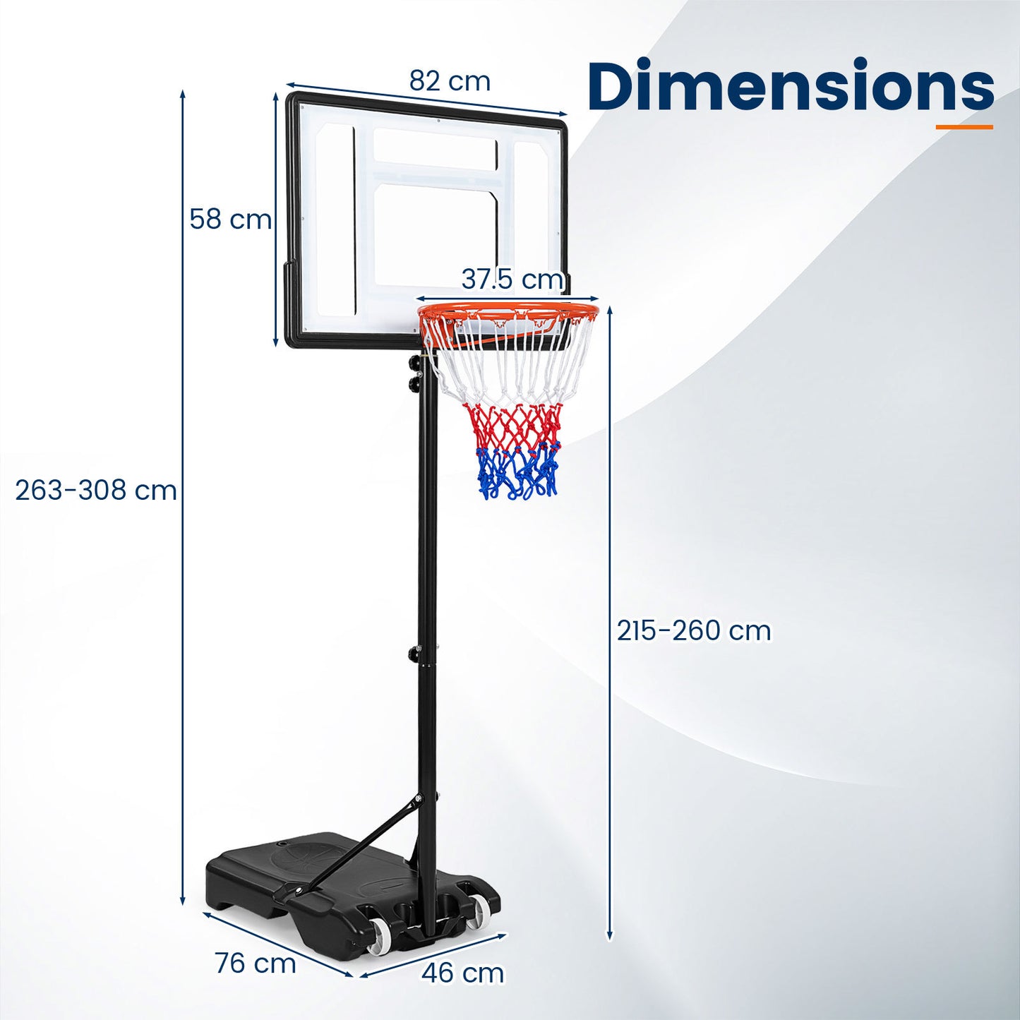 215-260 cm Height Adjustable Basketball Hoop with Clear PET Backboard for Teens Youth