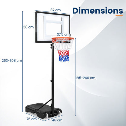 215-260 cm Height Adjustable Basketball Hoop with Clear PET Backboard for Teens Youth