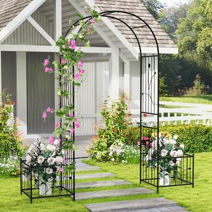 217 cm Arch Trellis Metal Garden Arbor with Planter Boxes-Black